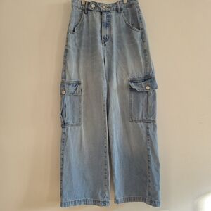 Y2K Cider Denim Cargo Jeans, Light Wash, Loose Fit Wide Leg,  Big Pocket inSz S
